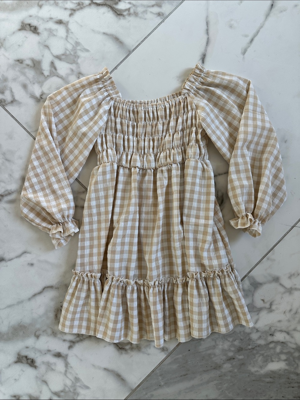 Girls' Beige & white Gingham Smocked Casual Dress